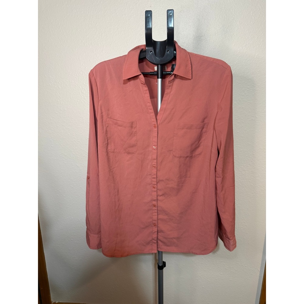 Talbots Womens Large Terracotta Pink Roll Tab Long Sleeve Button Down Blouse Top